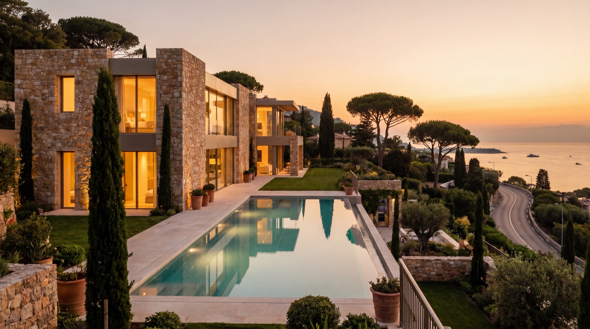 Luxury villa with infinity pool at sunset