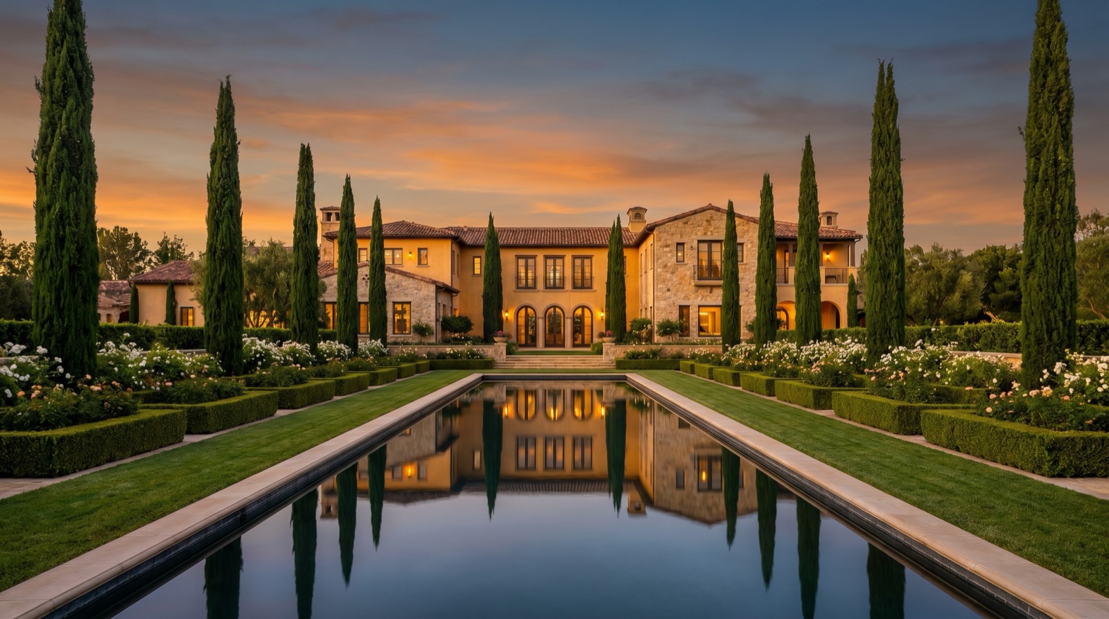 Grand prestige villa at dusk