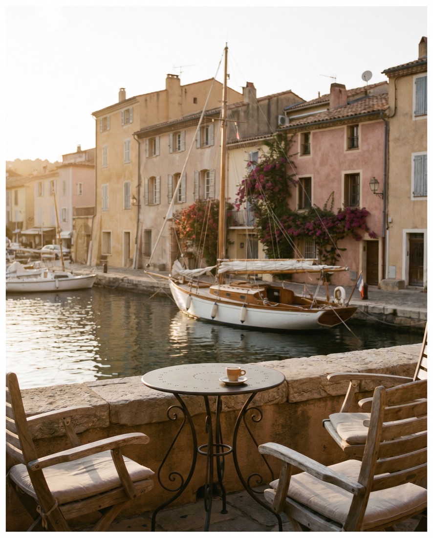 View of the Saint-Tropez harbour in autumn, golden light on ochre facades