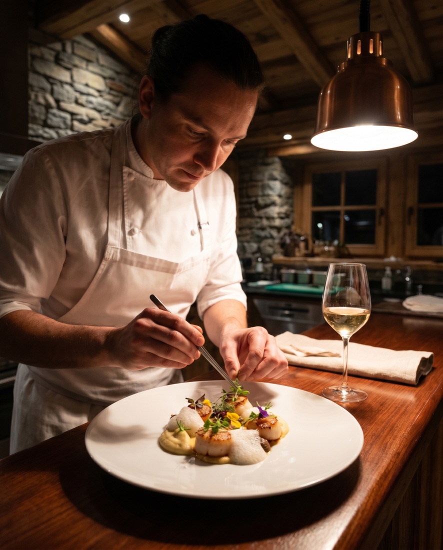 Private chef preparing a gourmet dinner in a luxury chalet