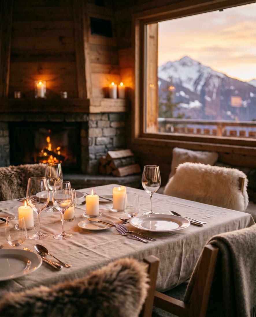 Table dressée dans un restaurant d'altitude à Megève, lumière tamisée et bois ancien