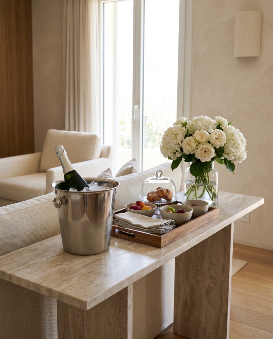 Interior of a luxury villa with private concierge service and a set table